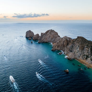Aerial view of the Cabo San Lucas arch and coastline at sunrise, Los Cabos, Mexico
