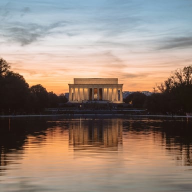 Lincoln Memorial at sunset reflected in the Reflecting Pool, Washington DC