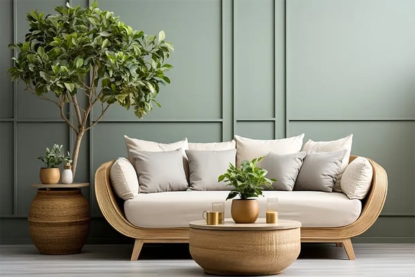 Modern living room with curved wooden sofa, cream cushions, round wood coffee table, potted plants, and sage green paneled wall.